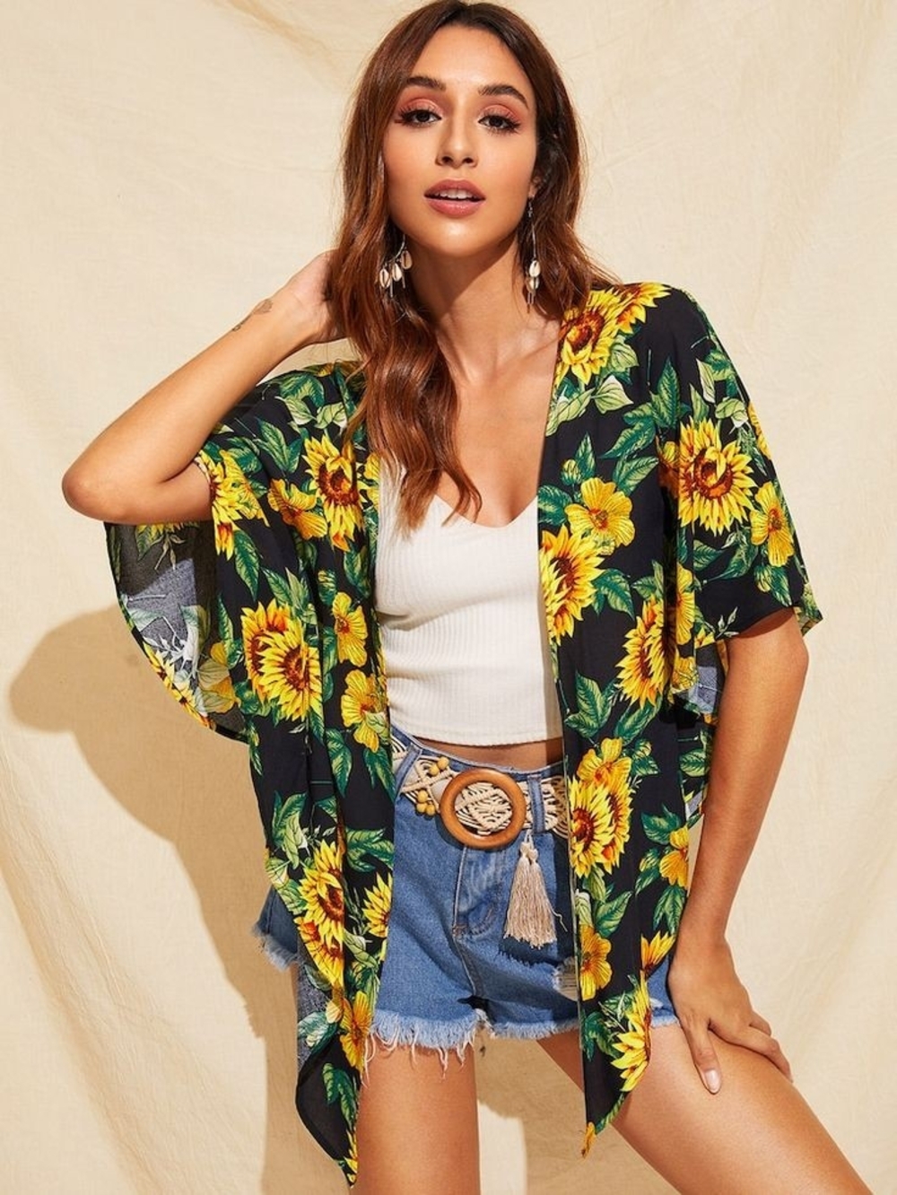 SHEIN Black Sunflower Kimono Cardigan with Yellow & Green Print